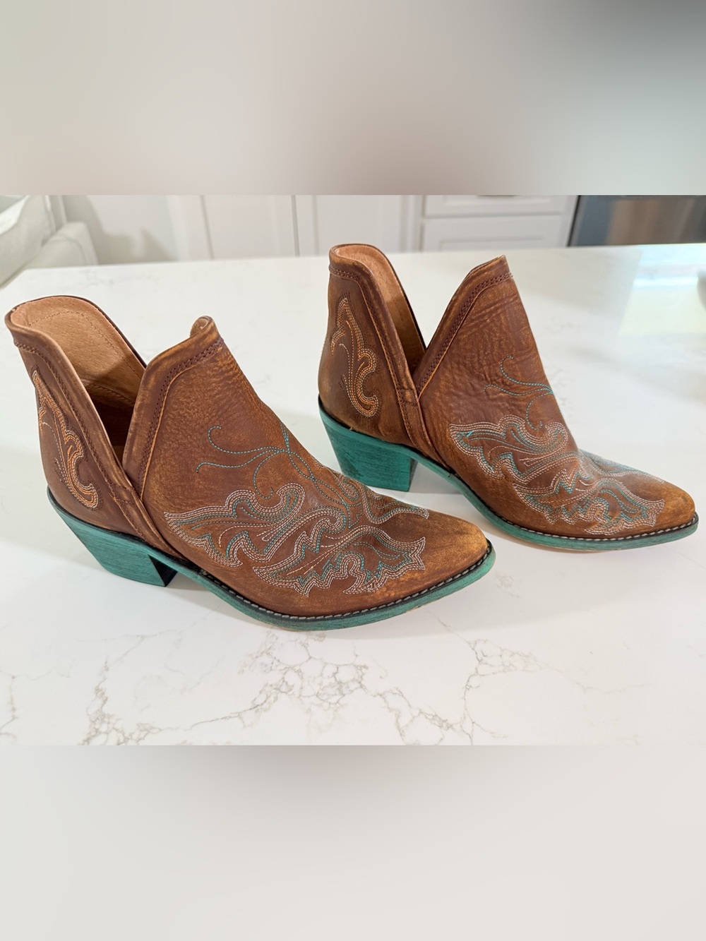 Circle G Brown Leather Ankle Boots with Teal Accents - worn once